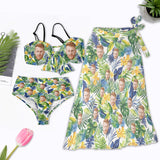 Custom Face Bikini Set&Long Cover Up Skirt Personalized Green&Blue Leaves  Bikini&Cover Up Matching Swimsuit