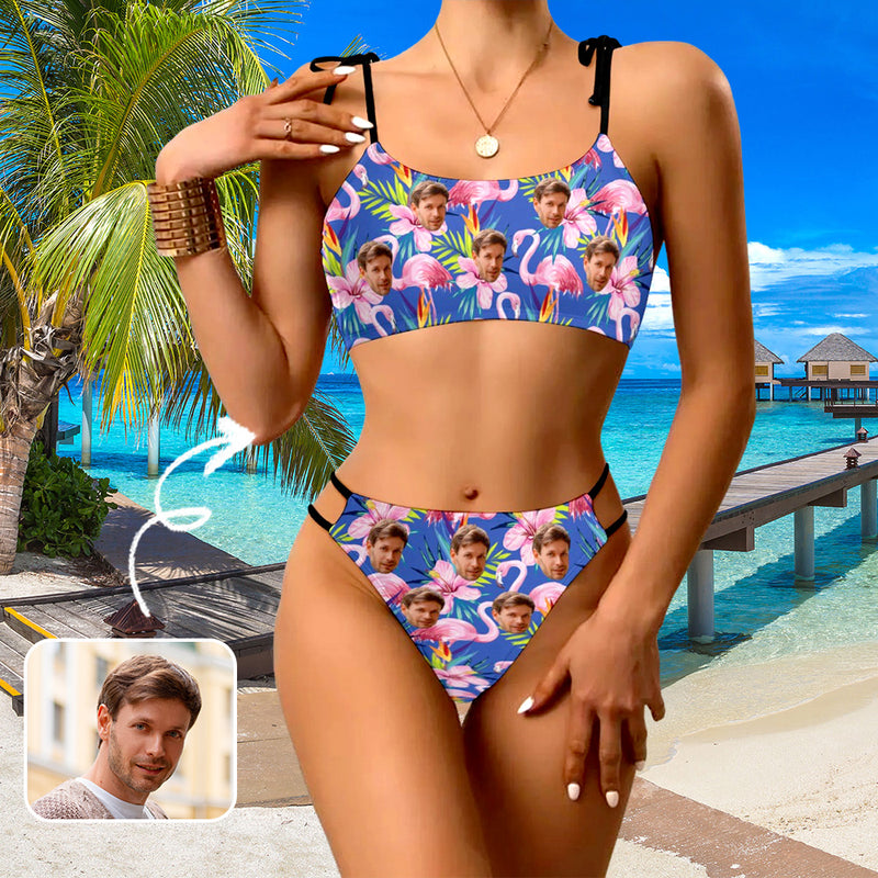 Custom Face Swimsuit Personalized Flamingo Face Blue Bikini Swimsuit