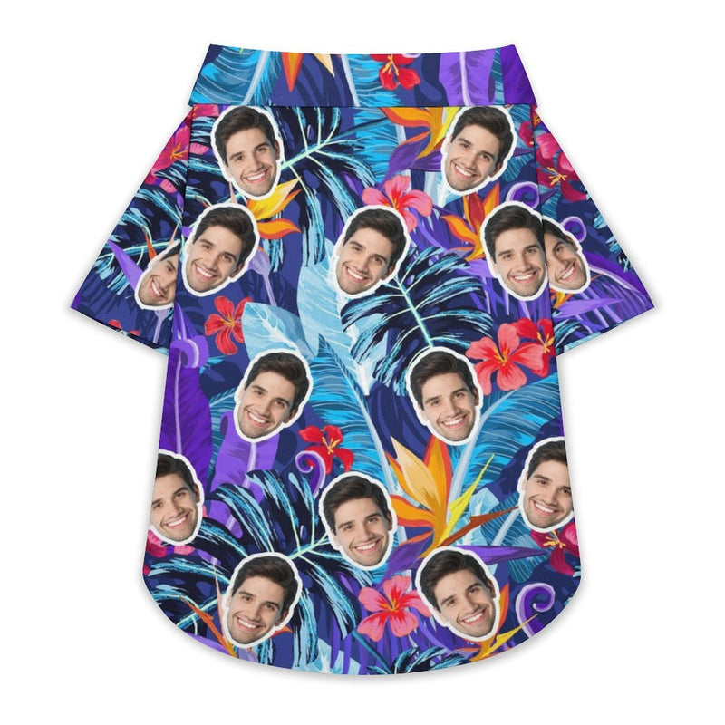 Custom Face Men's Shirt&Pet Shirt Personalized Face Purple Tropical Leaves Hawaiian Shirt&Pet Shirt For Pet Lovers