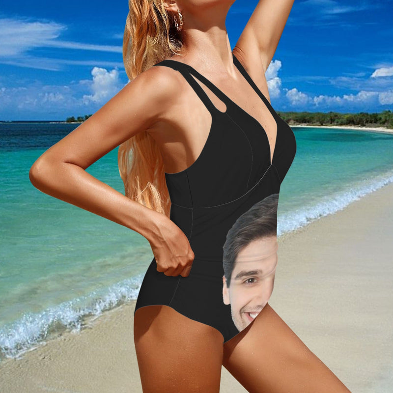 Custom Big Funny Face Women's Deep V Neck Cross Back Tie One Piece Swimsuit Custom Picture Bathing Suit