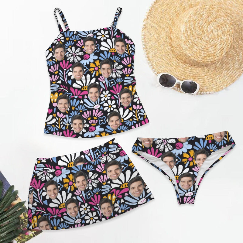 Custom Face Colorful Flower Personalized Women's 3-Piece Tankini Swimsuit Set - Black