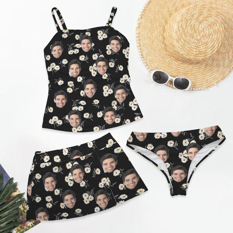 Custom Face Flowers Personalized Women's 3-Piece Tankini Swimsuit Set - Black