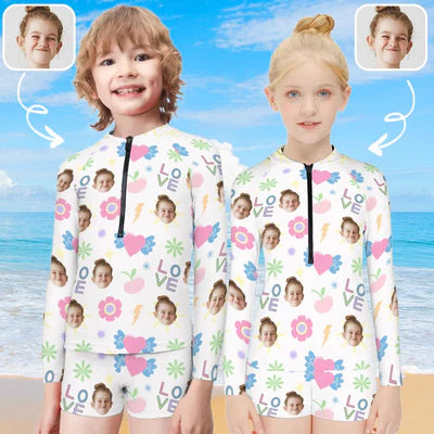 Custom Multi-Face Kids Flowers White Swimsuit Rash Guards Surf Suit