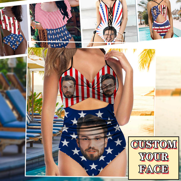 Custom Face Backless Swimsuit Personalized Face Flag Women's Front Cutout One Piece Swimsuit