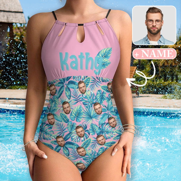 Custom Face&Name Swimsuit Personalized Pink Background Blue Leaves One Piece Swimsuit Slip Backless Bathingsuit