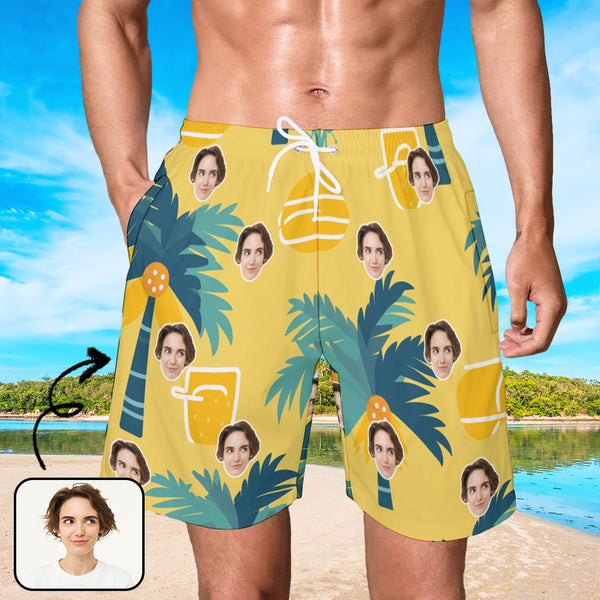 Custom Face Yellow Swim Shorts Swim Trunks For Men Personalized Face On Swim Shorts