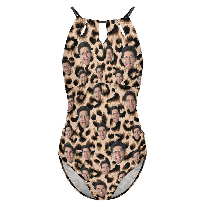 Custom Face Swimsuit Personalized Face Leopard Print One Piece Swimsuit Slip Backless Bathingsuit