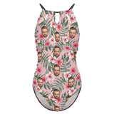 Custom Face Swimsuit Personalized Pink Flower One Piece Swimsuit Slip Backless Bathingsuit