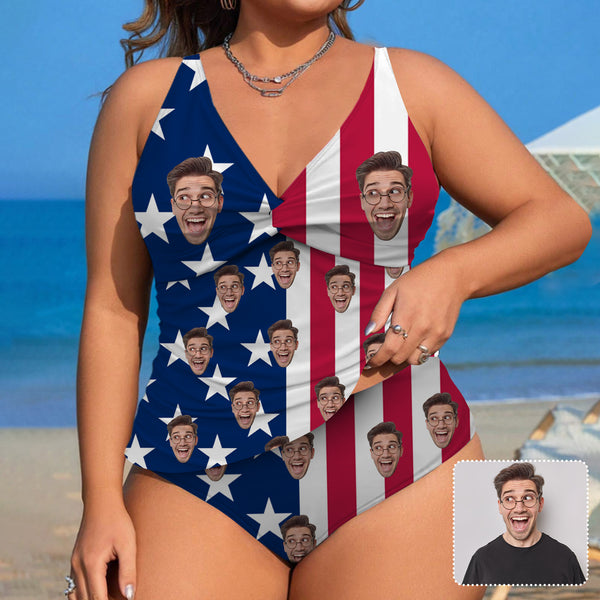 Custom Face USA Flag Two Piece Swimsuit Personalized Top&Briefs Bathingsuit For Women