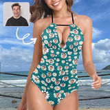 Custom Women's Halterneck Two-piece Tankini Personalized Face Daisy Green Two Piece Swimsuit