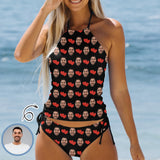 Custom Face Red Heart Womens Swimsuit Tankini Top Sets Two Piece Bathing Suit with Tie Side