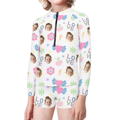 Custom Multi-Face Kids Flowers White Swimsuit Rash Guards Surf Suit