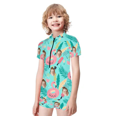 Custom Face Kids Flamingo Swimsuit Rash Guards Surf Suit