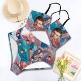 Personalized Face Women's Cutout One Piece Swimsuit Custom Face Blue Red Pigment Smudge Cross Strap Backless Bathingsuit