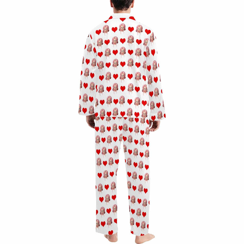 Custom Face Red Heart Long Sleeved Pajamas Personalized Men's Face Long Set