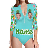 Custom Face&Name Pineapple Half Sleeve One Piece Swimsuit Personalized Face Pineapple Green Half Sleeve Bikini