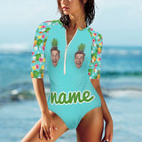 Custom Face&Name Pineapple Half Sleeve One Piece Swimsuit Personalized Face Pineapple Green Half Sleeve Bikini