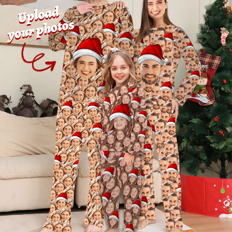 Custom Face Family Seamless Christmas Hat Sleepwear Personalized Family Slumber Party Matching Long Sleeve Pajamas Set