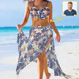 Custom Face Bikini Set&Long Cover Up Skirt Personalized Face Dark Blue Leaves Bikini&Cover Up Matching Swimsuit