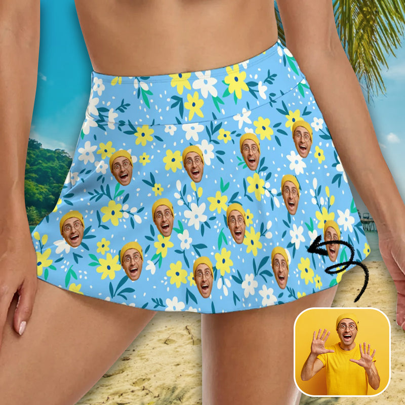 Custom Face Blue Bikini Bottom Short Personalized Flower Face Blue Swimsuit Short For Women