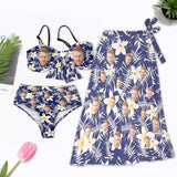 Custom Face Bikini Set&Long Cover Up Skirt Personalized Face Dark Blue Leaves Bikini&Cover Up Matching Swimsuit