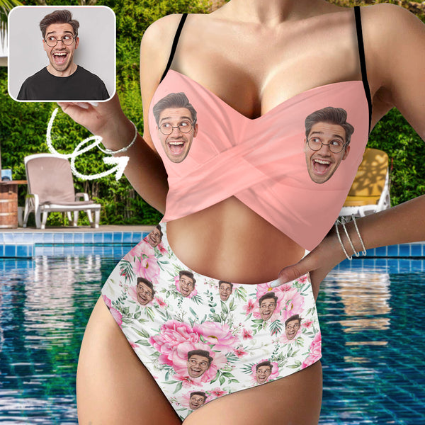 Custom Face Backless Swimsuit Personalized Face Pink Flowers Women's Front Cutout One Piece Swimsuit