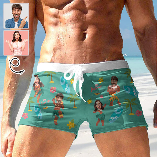 Custom Face Beach Hula Dance Green Men's Swimwear Short Swim Trunks with Zipper Pocket Personalized Surfing Square Leg Board Shorts