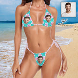 Custom Face Halter String Tie Side Thong Bikini Personalized Flowers Blue Bikini Set Swimsuits