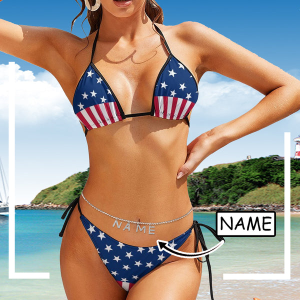 Personalized Flag Bikini With Name Chain Custom Letters Waist Chain Bikini Swimsuit