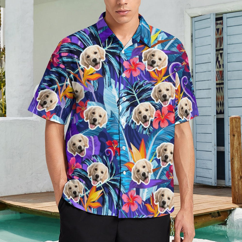 Custom Face Men's Shirt&Pet Shirt Personalized Face Purple Tropical Leaves Hawaiian Shirt&Pet Shirt For Pet Lovers