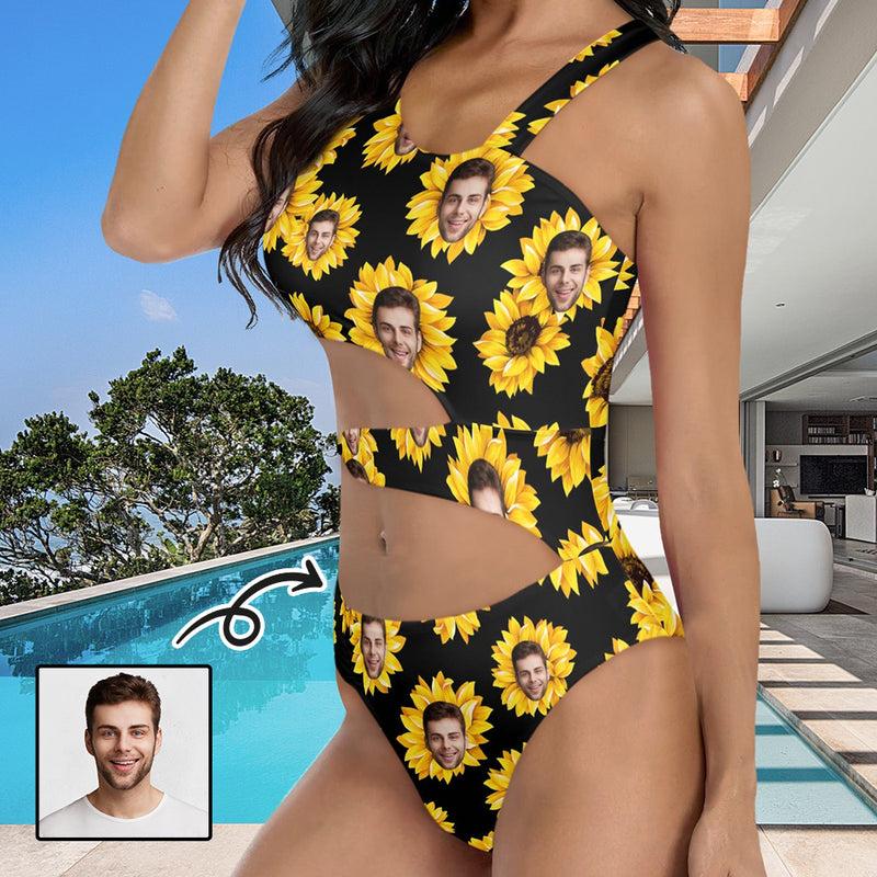 Custom Face Sunflower Women's Waist Cutout One Piece Swimsuit Personalized Photo Bathingsuit