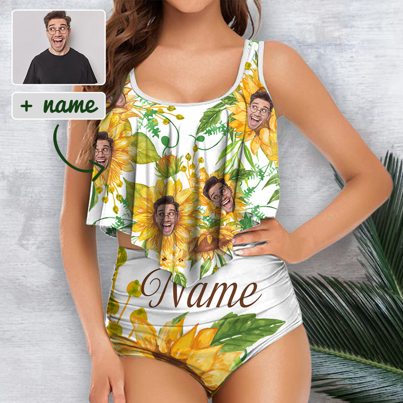 Custom Face Tankinis Personalized Face Women's High Waisted Face On Swimsuit Ruffled Bathing Suits