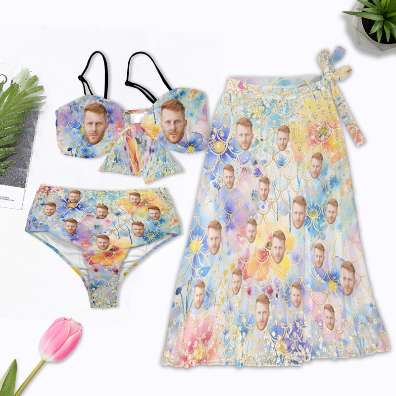 Custom Face Bikini Set&Long Cover Up Skirt Personalized Face Colorful Bikini&Cover Up Matching Swimsuit