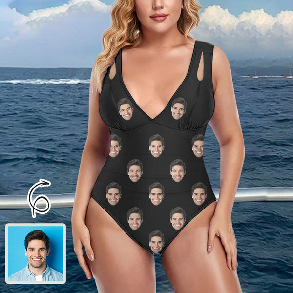 Custom Face Boyfriend Women's Deep V Neck Cross Back Tie One Piece Swimsuit Custom Picture Bathing Suit