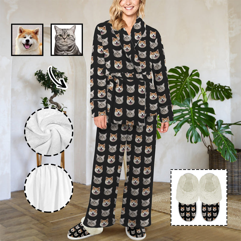 Custom Face Black Cotton Material&Plush Material Women's Tie Waist Pocket Long Pajama Sets&Slippers