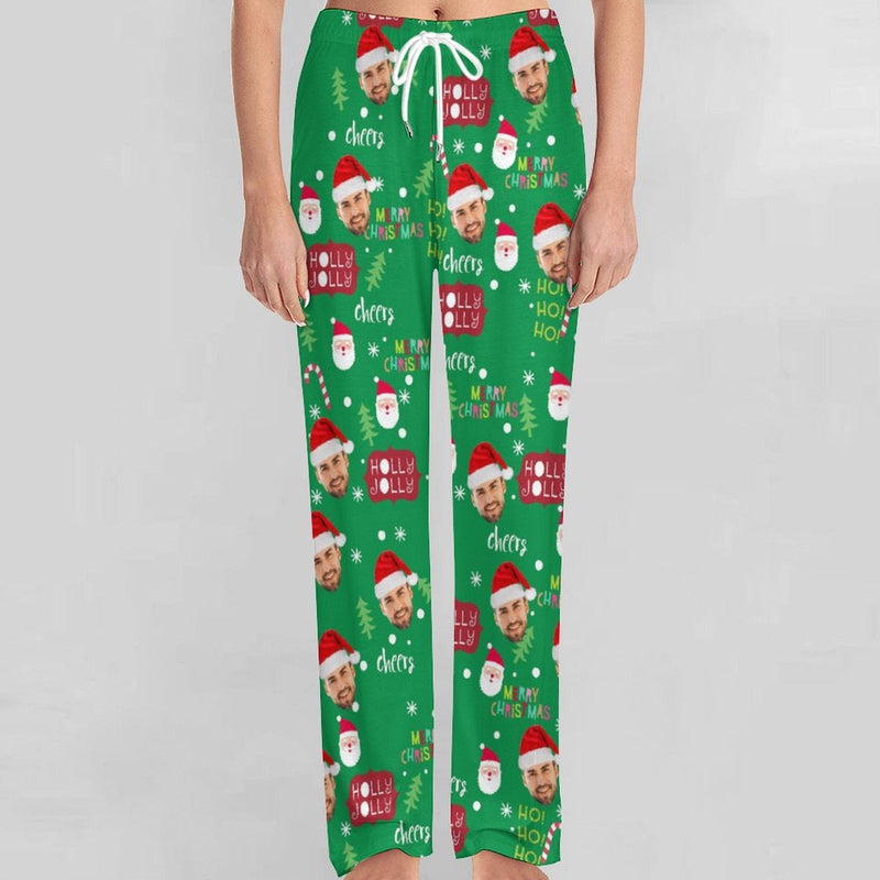 Unisex Pajama Pants Custom Face Christmas Green Pajama Pants For Men&Women Personalized Any Photos Pajama Pants