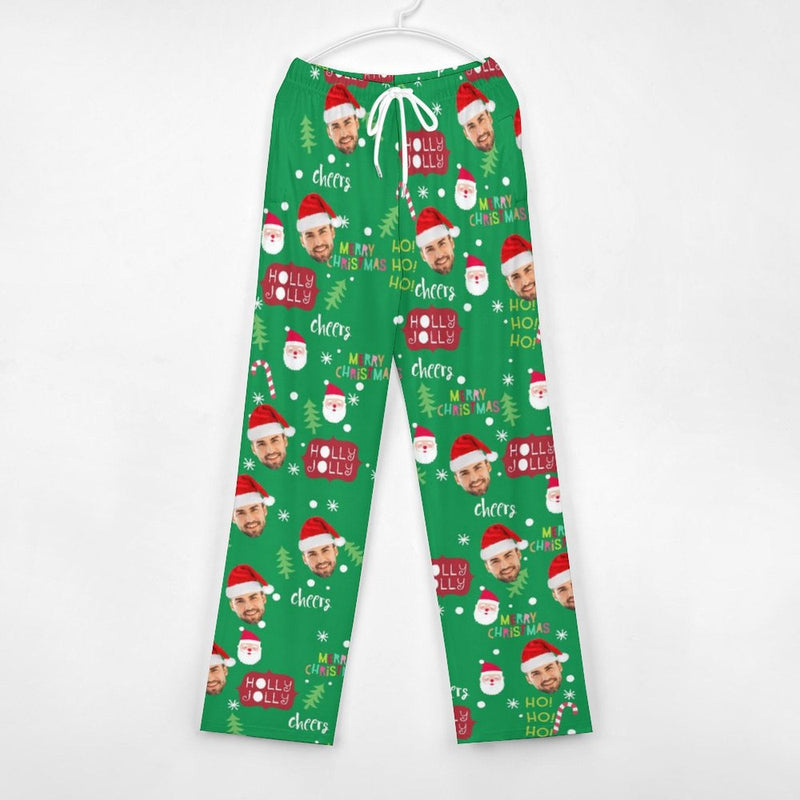 Unisex Pajama Pants Custom Face Christmas Green Pajama Pants For Men&Women Personalized Any Photos Pajama Pants