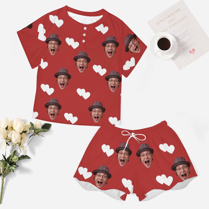 Custom Red Face Pajamas Set Personalized Face Short Sleeved Loungewear Set