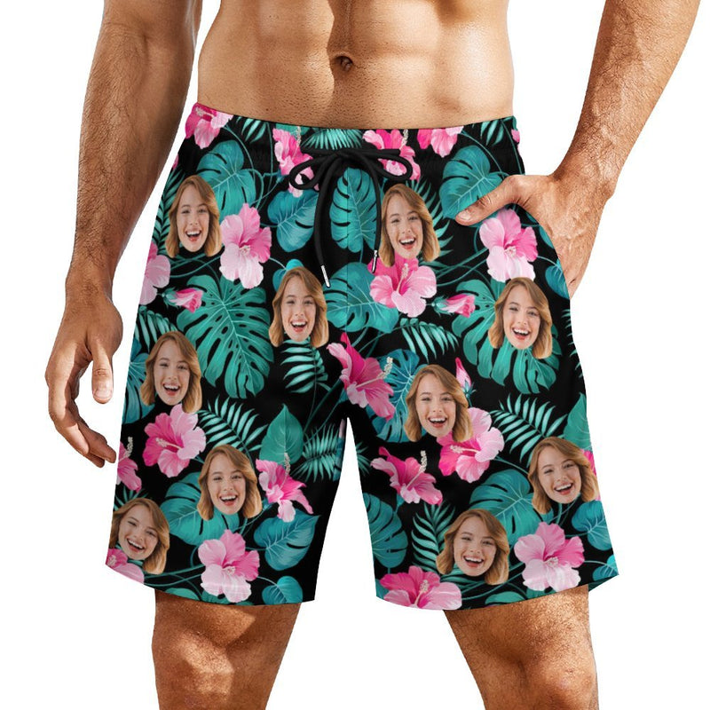 Personalized Swim Trunks Custom Face Green Leaves Pink Flowers Black Quick Dry Swim Shorts