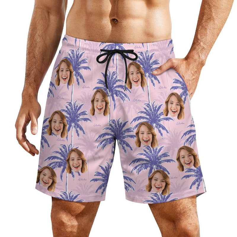 Personalized Face Swim Trunks Custom Face Coconut Tree Quick Dry Men's Swim Shorts