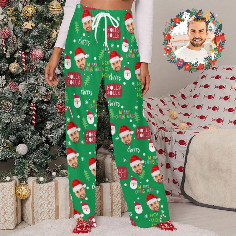 Unisex Pajama Pants Custom Face Christmas Green Pajama Pants For Men&Women Personalized Any Photos Pajama Pants