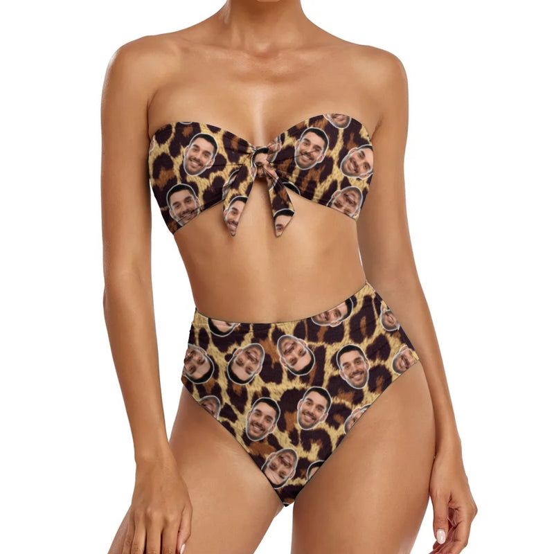 Custom Face Bow Bikini Personalized Face Leopard Print Bikini Swimsuit Bathingsuit For Women