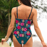 Custom Face Two Piece Swimsuit Personalized Flowers Dark Green Top&Briefs Bathingsuit For Women