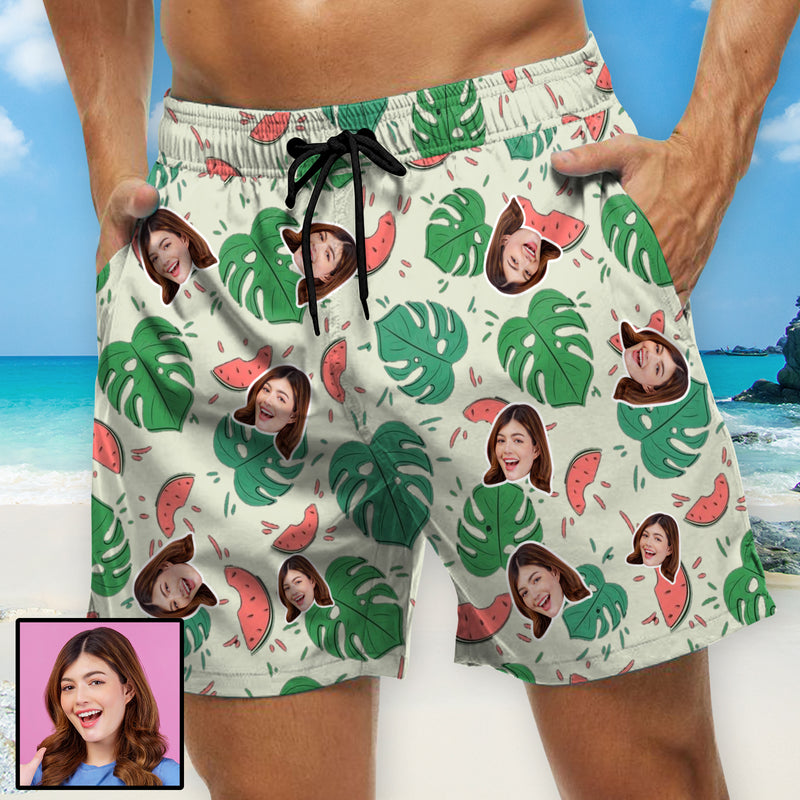 Custom Face Swim Shorts Swim Trunks Personalized Green Leaves Face Swim Trunks