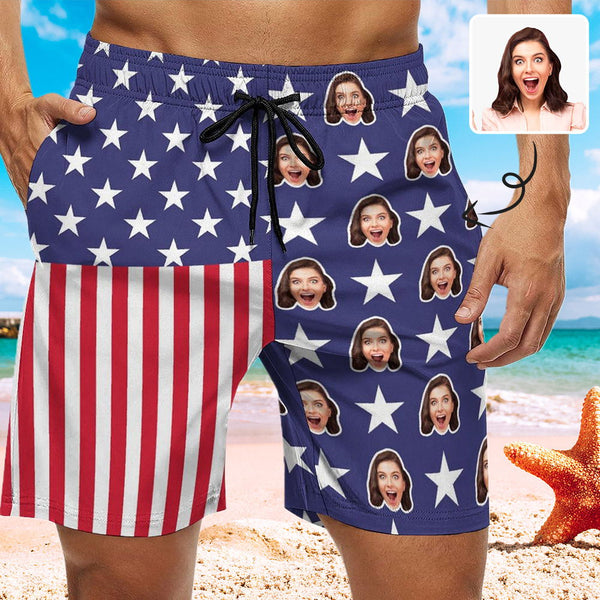 Custom Face American Flag Pentagram Men's Quick-drying Beach Shorts Personalized Photo Swim Trunks