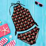 Custom Face Red Heart Womens Swimsuit Tankini Top Sets Two Piece Bathing Suit with Tie Side