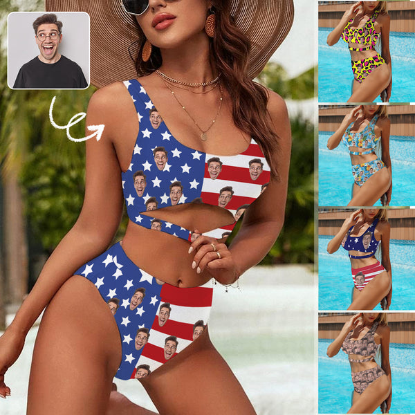 Custom Women's Wide Shoulder Straps Tank Top Bikini Set Personalizd USA Flag Face Swimsuit