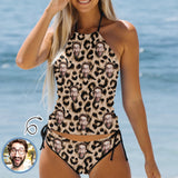 Custom Face Leopard Womens Swimsuit Tankini Top Sets Two Piece Bathing Suit with Tie Side