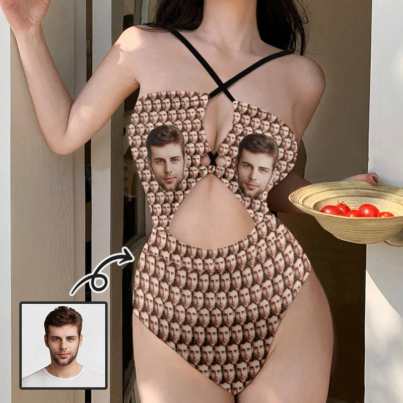 Personalized Face Women's Cutout One Piece Swimsuit Custom Seamless Multiface Cross Strap Backless Bathingsuit