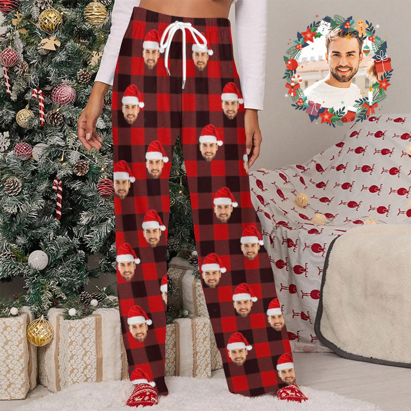 Unisex Pajama Pants Custom Face Christmas Red Pajama Pants For Men&Women Personalized Any Photos Pajama Pants